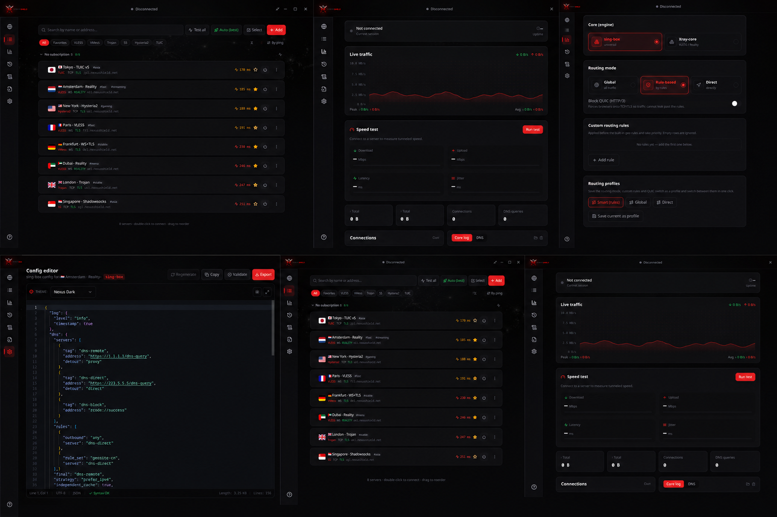 NexusShield desktop VPN client — server list with VLESS, VMess, Trojan, Shadowsocks, Hysteria2 and TUIC nodes, ping sorting, search and one-click connect.