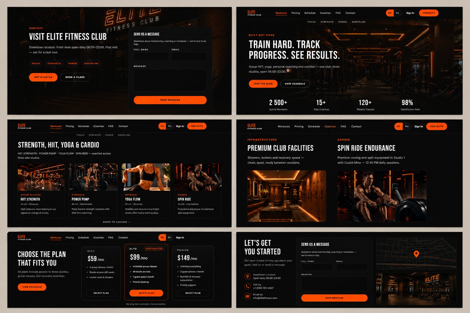 Composite of every section of the Elite Fitness Club site: hero with stats, client transformations, pricing plans, workout classes, coaches team, schedule, membership dashboard, and contact form.