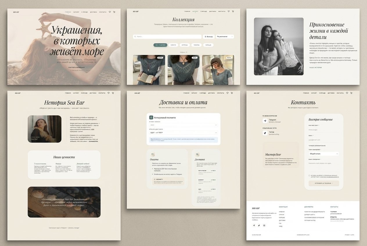 Composite of every section of the Sea Ear site: home, catalog, story, brand, shipping, contact.